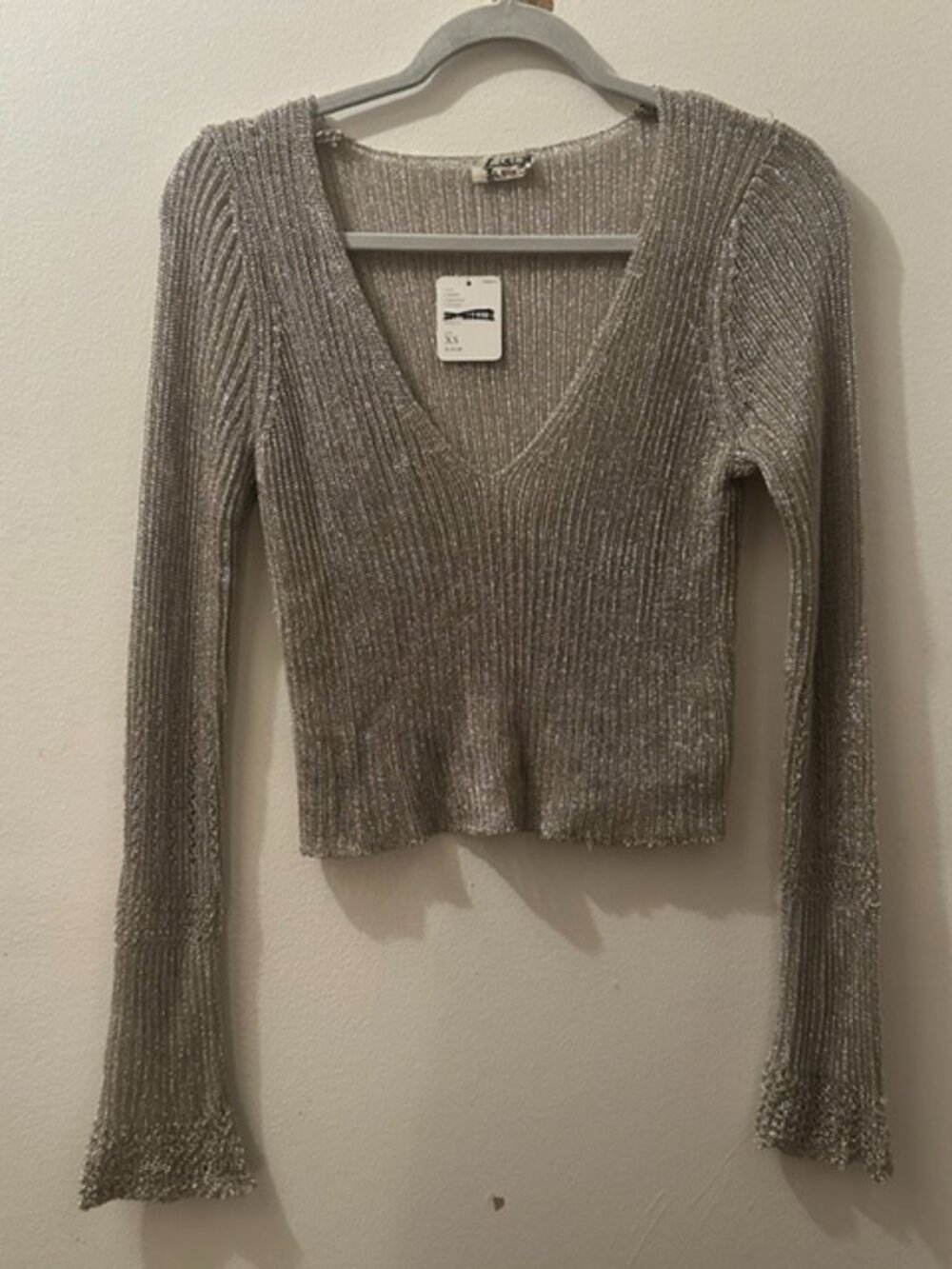 Free People Intimately Metallic Ribbed V-Neck Long Sleeve Knit Stretch Top NWT